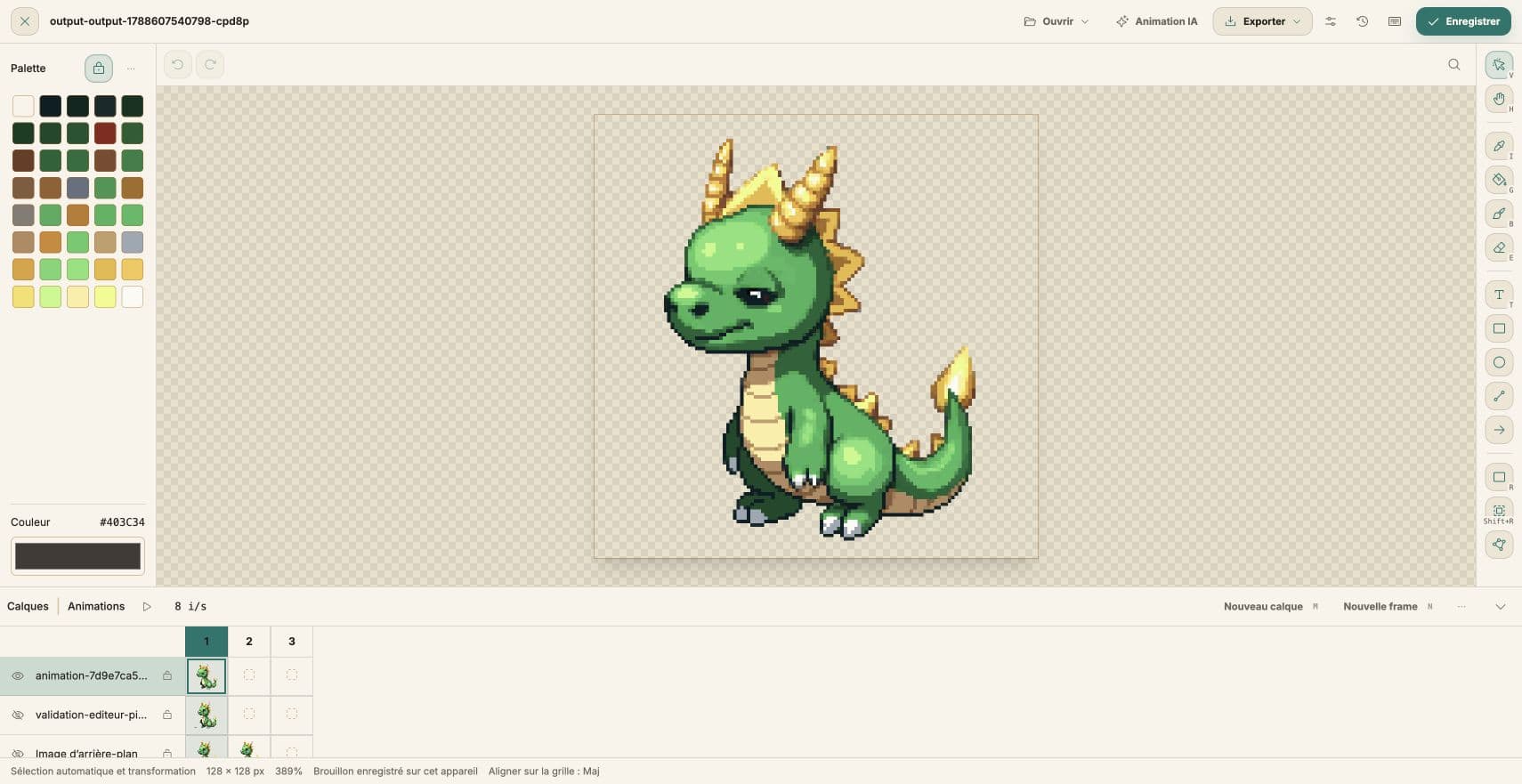 Naquada editor displaying a pixel art dragon, its palette, drawing tools, layers and animation timeline.