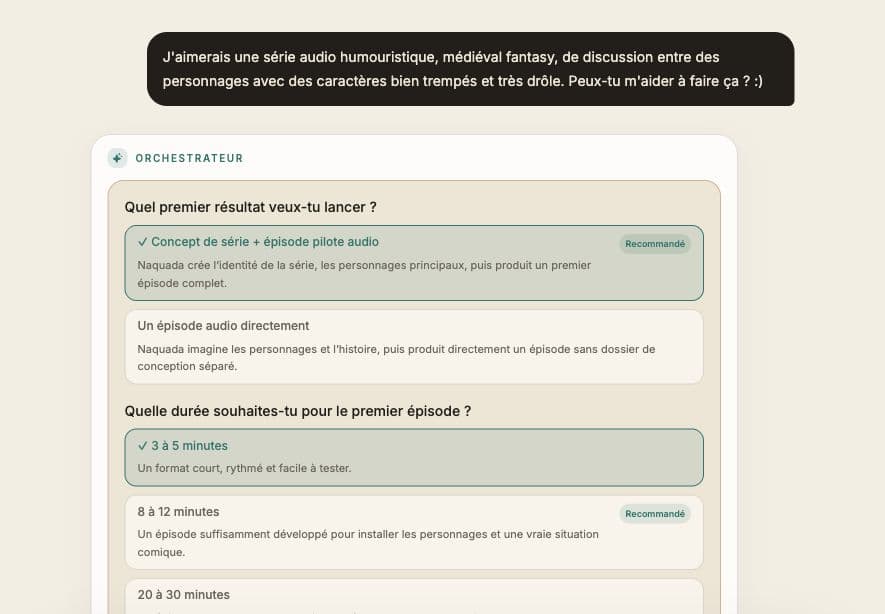 Naquada conversation with a request for a humorous audio series and the first options suggested by the Orchestrator