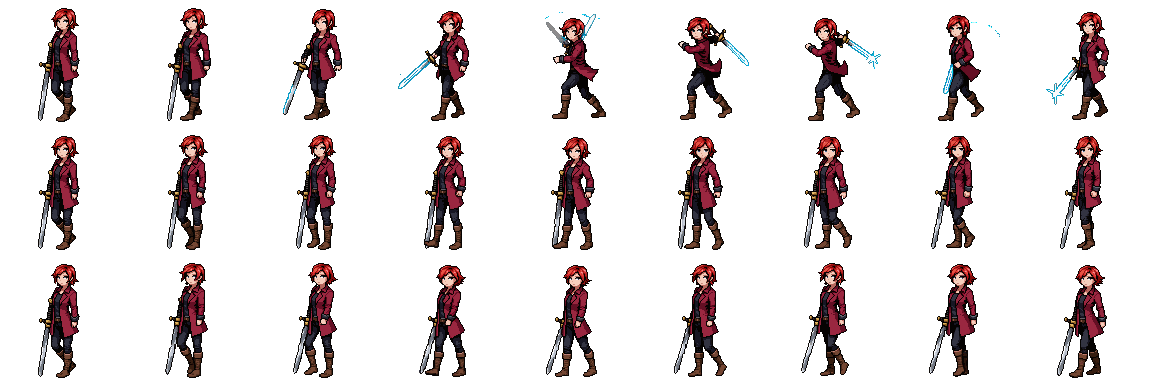 Spritesheet de Scarlet Duelist : Attack, Idle et Run, une animation par ligne.